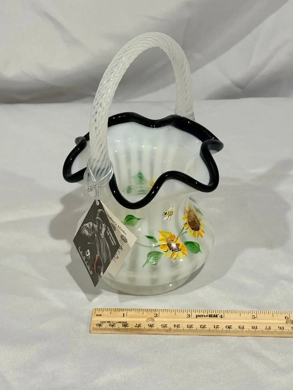 Fenton 100th Anniversary Hand-Painted Glass Basket SunflowersBees w/Original Tag